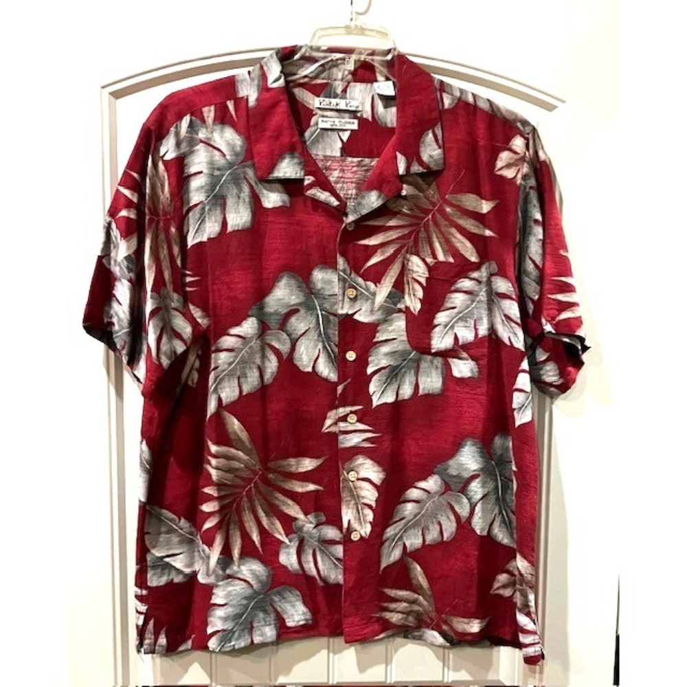 Batik Bay Men's Hawaiian Shirt XL Red‎ Tropical Monstera Palm Leaf Pattern Silk
